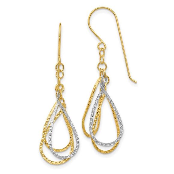 Two Tone Diamond Cut Triple Teardrop Dangle Earrings in 14k Gold - Picture 1 of 5